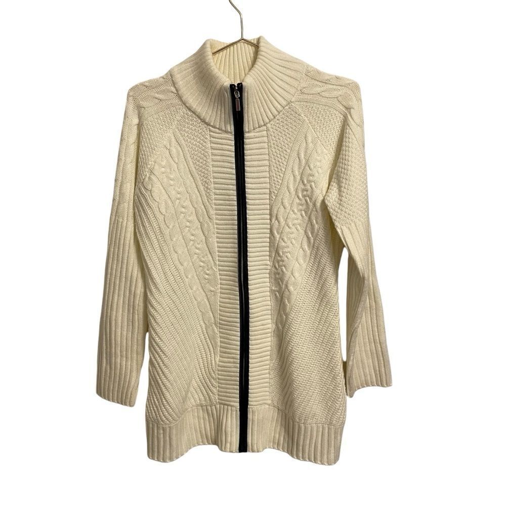 Venus White Cable Knit Faux Leather Trim Full Zip‎ Cardigan Sweater MED